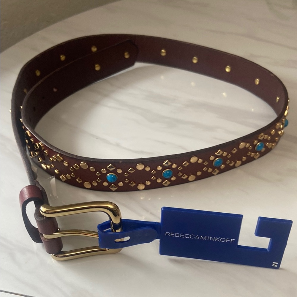 NWT Rebecca Minkoff Turquoise Studded Genuine Leather Belt Size Medium